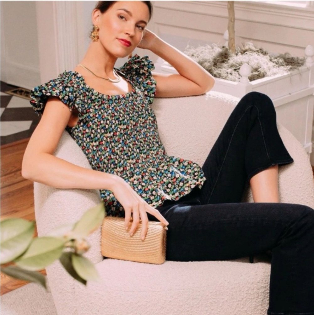 Tuckernuck Floral Smocked Top Plus Size XXL Black Ruffle Peplum Square Neck NWT